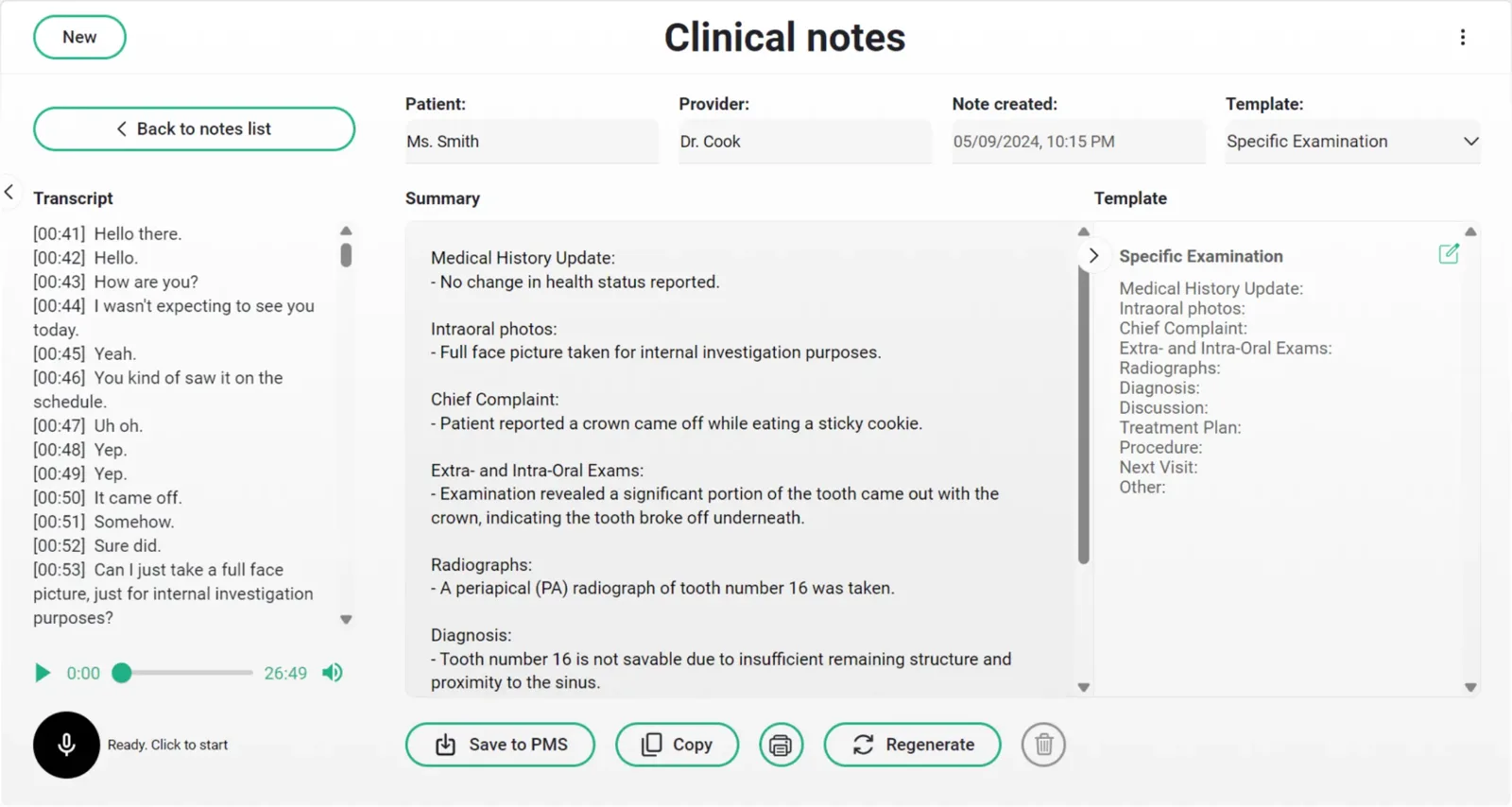 Denti.AI Scribe clinical notes generated from a transcript